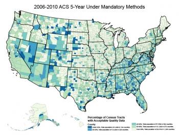 This map shows the percentages under the current, mandatory approach.  As a mandatory survey, less than five percent of counties have 80 percent or more of their tracts with unacceptable levels of quality data.  This impacts about 15 million people.