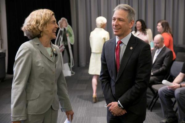 National Inventors Hall of Fame Inductee, Dr. Frances Ligler (left) discusses innovation with USPTO Director Andrei Iancu (right) during a World IP Day celebration at the USPTO headquarters in Alexandria, Virginia on April 24. National Inventors Hall of Fame Inductee, Dr. Frances Ligler (left) discusses innovation with USPTO Director Andrei Iancu (right) during a World IP Day celebration at the USPTO headquarters in Alexandria, Virginia on April 24.