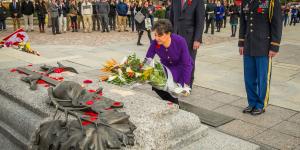 Secretary Pritzker laying a wreath at the Canadian War Memorial, extending her deepest sympathy for the loss of Canada's heroes.
