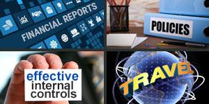 image with various icons which says Financial Reports, Policies, effective internal controls and travel