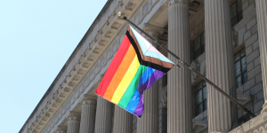 Secretary of Commerce Gina Raimondo HCHB Pride Flag Raise