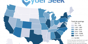 A map of the United States showing the number of cybersecurity job postings by state.