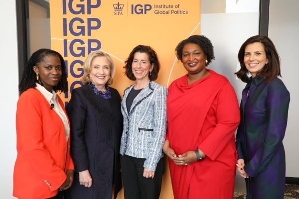 (Pictured L-R) Olatunde Johnson, Secretary Hillary Clinton, Secretary Gina Raimondo, former Georgia House minority leader Stacey Abrams, and Keren Yarhi-Milo at the Institute of Global Politics Women's Initiative Summit.